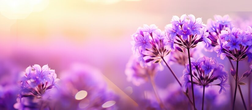 The blooming purple flowers are a beautiful sight amidst nature's green with an open sky and shining sun.