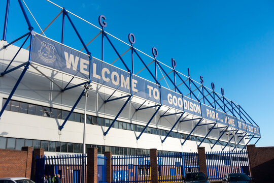 Liverpool, UK, February 2017:Everton FC football club stadium facade. View of the Sir Philip Carter Park Stand. Located at Goodison Park Stadium, Goodison Rd, Liverpool L4 4EL.