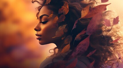 Obrazy na Plexi  The subtle beauty of a mixed-race woman's profile, enhanced by a double color exposure effect that fuses the earthy tones of autumn leaves with the serene shades of a twilight sky.