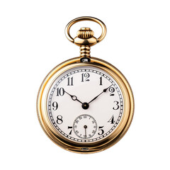 A Vintage Gold Pocket Watch Open to Show the Time. Isolated on a Transparent Background. Cutout PNG.