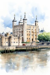 Fototapeta na wymiar Watercolor sketch of the Tower of London, white background. AI generate illustration