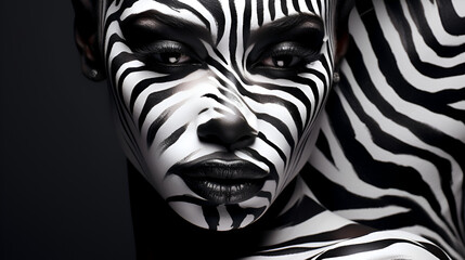 Close up portrait of a beautiful African American woman covered with black and white paint over her face in zebra pattern. Black background. 