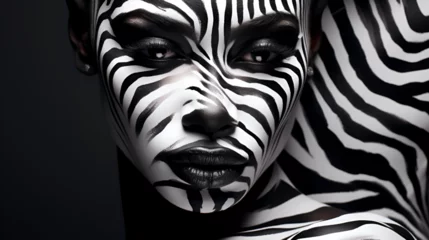Foto op Aluminium Close up portrait of a beautiful African American woman covered with black and white paint over her face in zebra pattern. Black background.  © Soccer mom
