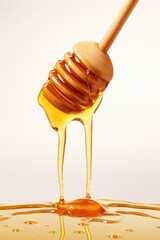 Honey dripping from wood dipper on white background., white background