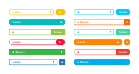 Colorful search bar templates. Internet browser engine with search box, address bar and text field. UI design, website interface element with web icons and push button. Vector illustration