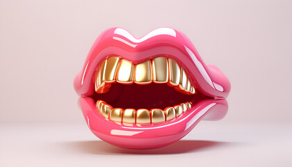 Pastel pink lips with golden teeth isolated on white background. Aesthetic fashion trend. 
