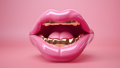 Pastel pink lips with golden teeth isolated on pastel pink background. Aesthetic fashion trend. 