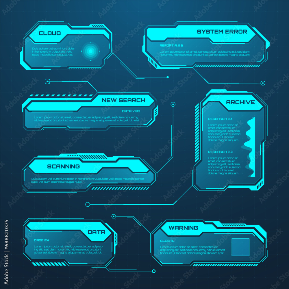 Poster Blue futuristic HUD or UI elements. Sci-fi user interface text boxes, callouts. Warning message frames, information boxes template. Modern game interface layout in digital style. Vector illustration