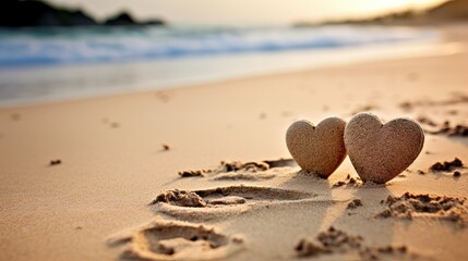 two hearts in the sand, on the beach with waves in the background, copy space - obrazy, fototapety, plakaty
