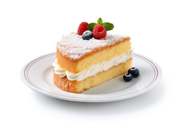 sponge cake on a plate with cream and berries