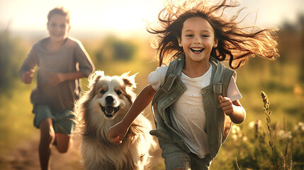 Happy kids and Labrador dog are running together towards camera
