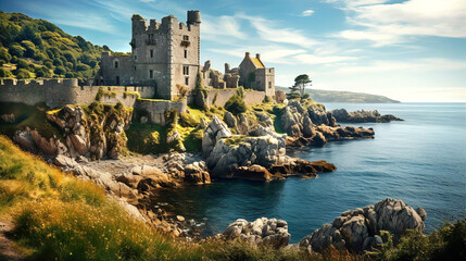 Beautiful landscape with Ruins of medieval English castle staying on rocks at the seaside  - obrazy, fototapety, plakaty