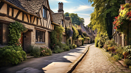 Beautiful idyllic old English village street with cottages made of stone and front garden with flowers - obrazy, fototapety, plakaty