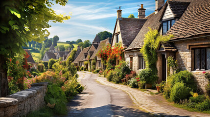 Beautiful idyllic old English village street with cottages made of stone and front garden with flowers - obrazy, fototapety, plakaty