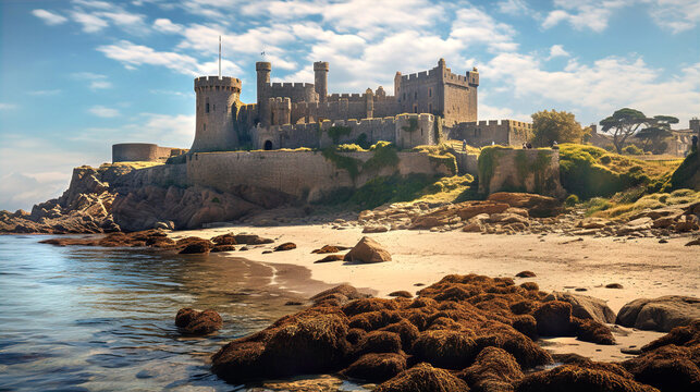 Beautiful landscape with Ruins of medieval English castle staying on rocks at the seaside 