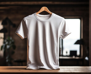 Blank T-shirt mockup with wooden backgrounds, T-shirt mockup. White blank t-shirt front views.