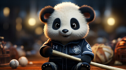 Cute Panda Holding Baseball Bat. Animal Sport Icon Concept. generative ai - obrazy, fototapety, plakaty