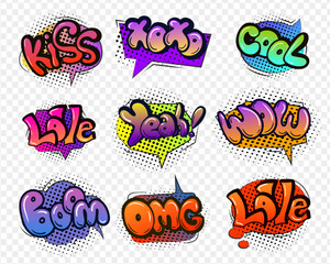 Comic speech bubbles set with different emotions and text. comic bubble speech clouds. Cartoon boom, love,xoxo, omg, cool, wow, yeah, kiss, cool comic sign vector set