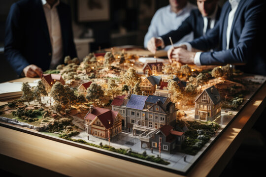 A diverse group of individuals gathered in an indoor setting, dressed in varying styles of clothing, admiring a detailed model of a town while enjoying a spread of delectable food