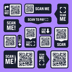Scan me QR code sticker. Online payment. Special offer sale stickers, shopping discount label or promotional badge. Serial number, product ID. Supermarket retail label, price tag. Vector illustration