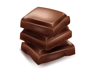 Chocolate. Pieces, shavings. 3D realistic vector set, horizontal and vertical splash of chocolate