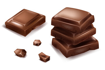Chocolate. Pieces, shavings. 3D realistic vector set, horizontal and vertical splash of chocolate