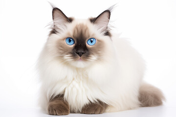 Full size portrait of Ragdoll cat isolated on white background