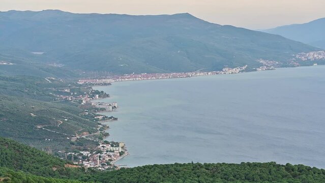 Panoramic view of Gemlik Bay from the summit in December. Bursa city Turkey. 2023 december