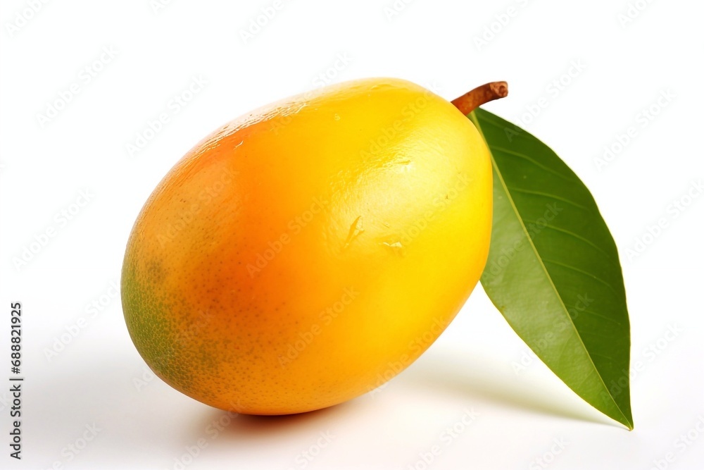 Canvas Prints Ripe yellow mango with leaves isolated on white background.