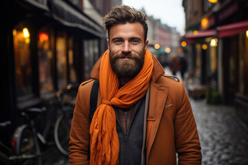 A rugged man with a beard and an orange scarf rides his bike through the bustling city streets, his jacket billowing in the wind as he passes by towering buildings - Powered by Adobe