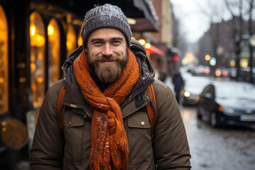 A rugged man sporting a warm hat and scarf braves the wintry streets, his beard and moustache adding to his rugged appeal as he walks alongside a car-lined street in the bustling city, exuding a sens