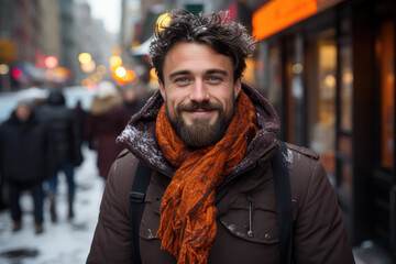 Fototapeta premium A stylish man braves the chilly city streets, his face adorned with a warm scarf and his beard and moustache adding a touch of rugged charm, all while sporting a fashionable jacket and coat combinati