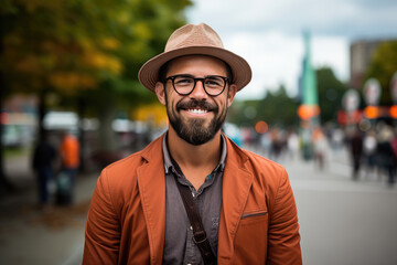 A stylish man sporting a sun hat and glasses, with a charming smile and well-groomed facial hair, stands confidently on a busy street