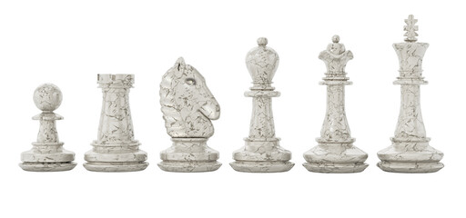 White chess pieces isolated on transparent background. 3D illustration