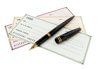 Colored cheques and ink pen isolated on transparent background. 3D illustration