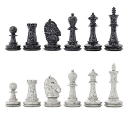 White and black chess pieces isolated on transparent background. 3D illustration