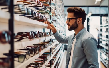Male customer selecting optical eyewear while visiting shop - obrazy, fototapety, plakaty