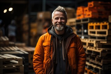 Obraz premium A stylish man stands confidently on the busy street, his orange jacket adding a pop of color to the drab buildings behind him, his bearded face exuding a sense of rugged charm