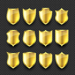 Set of various vintage 3d metal shield icons. Shiny golden heraldic shields. Black protection and security symbol, label. Vector illustration
