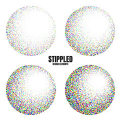 Round shaped dotted objects, vintage stipple elements. Fading gradient. Stippling, dotwork drawing, shading using dots. Colored disintegration effect. Noise grainy texture. Vector illustration