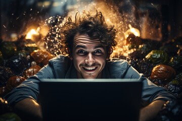 A man's intense gaze at his laptop screen reveals his determination as he navigates through the virtual world, his clothing and surroundings reflecting a modern and technologically-driven society