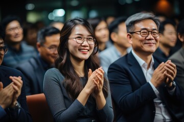 Obraz premium A well-dressed man and woman, both wearing glasses and sporting warm smiles, lead a group of people in a spirited round of applause at an indoor event focused on vision care