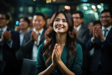 Fototapeta premium A woman in a stunning green dress captivates the room with her infectious smile and enthusiastic applause, surrounded by a sea of well-dressed individuals at a formal event