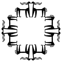 Square frame with fantastic animals. Stylized antelopes. Ancient Mesopotamian ethnic design. Ninevite Assyrian art. Black silhouette on white background.