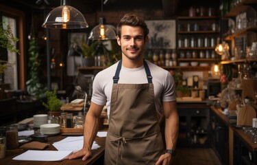 A dedicated man stands proudly in his apron, surrounded by the hustle and bustle of a busy restaurant kitchen, ready to create delicious food for his guests at the table