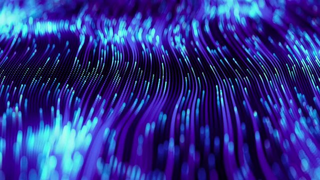 Data transfer background. Looped. Dot terrain cold, blue tracks. Light trails. Big data visualization.