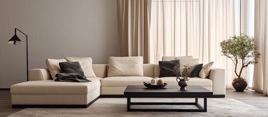 Modern, stylish living room with beige corner sofa, carpet, black coffee table, lamp, and curtains on big windows.