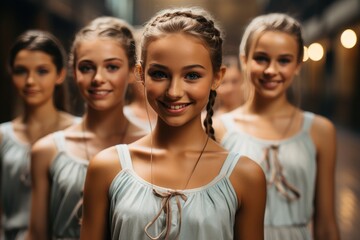 Obraz premium A fashionable group of young ladies radiating joy and confidence with their beaming smiles, stylish clothing, and beautiful blonde locks, exuding the perfect blend of femininity and fun