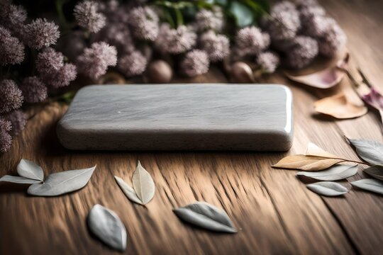 an closeup image of a grey rectangular shape stone on wooden floor, flowers and leaves on top of that stone making that stone beautiful