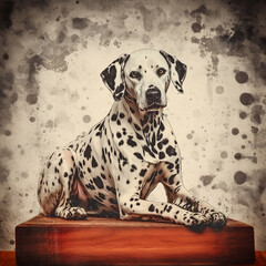 Dalmatian dog, old vintage retro postcard style, close-up portrait, cute pet, creative animal illustration